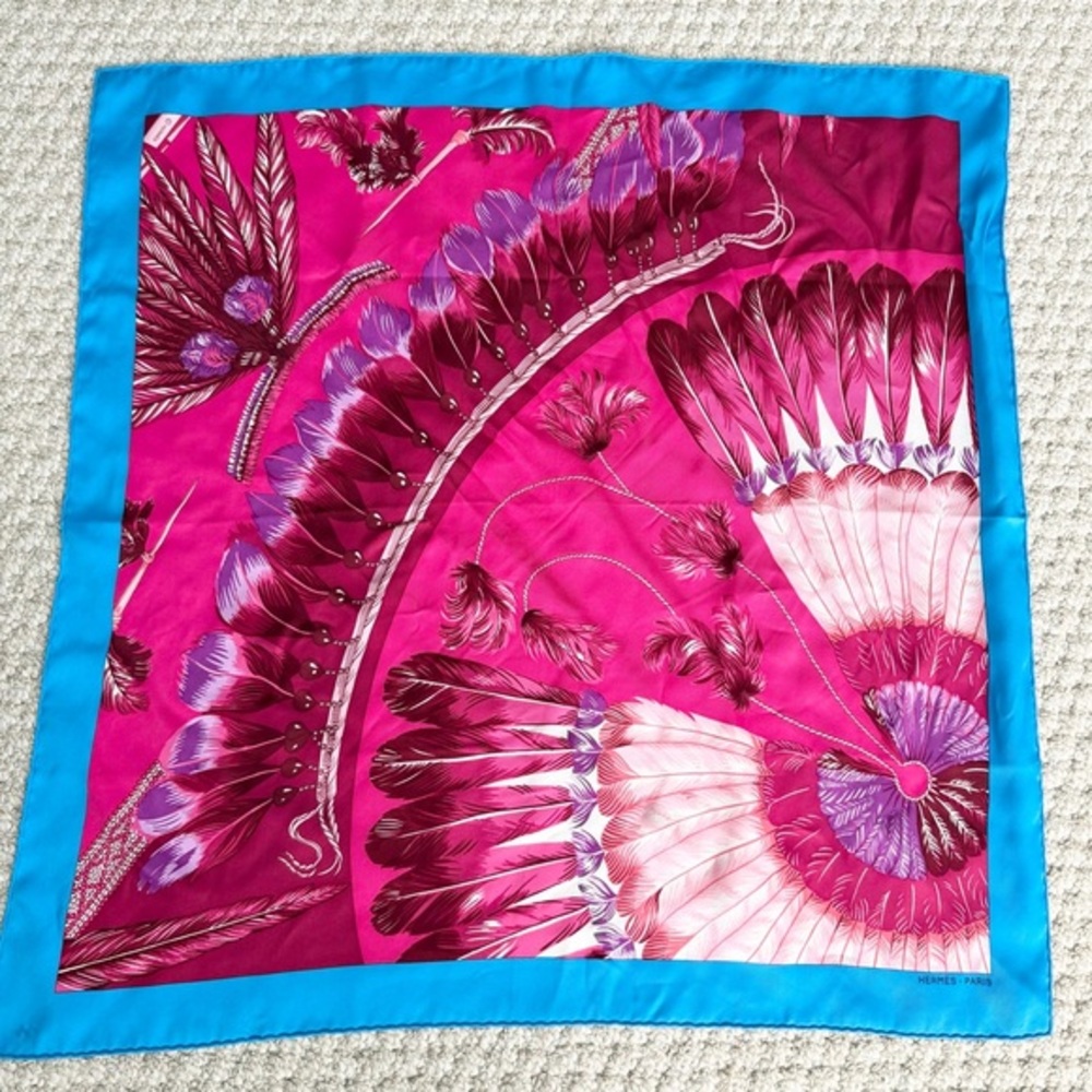 VINTAGE HERMES Silk Scarf Pink Blue Feathers.